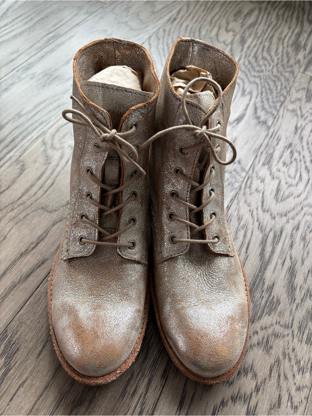 Miz Mooz Metallic Taupe Lace-Up Ankle Boots